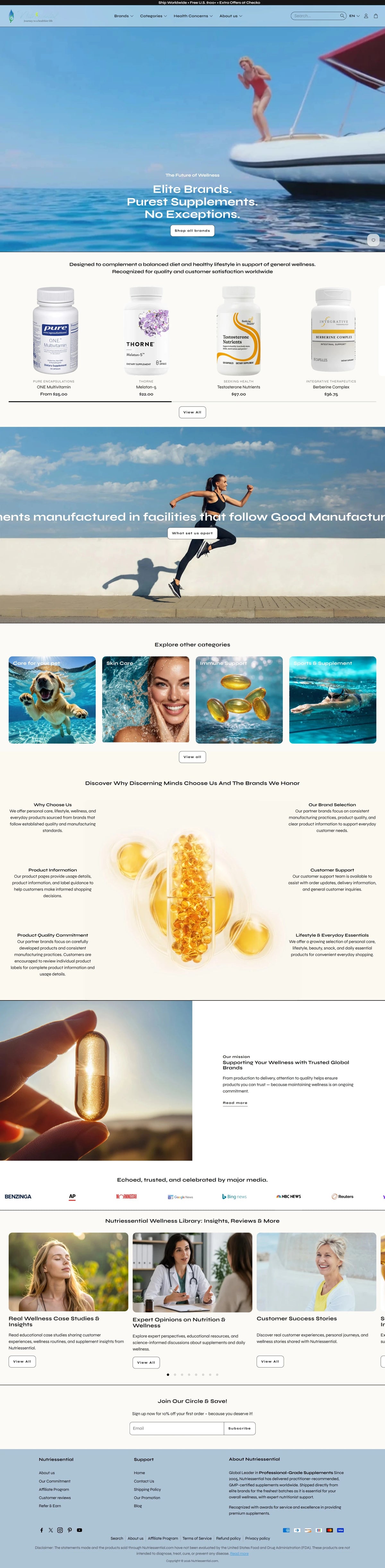 A very tall screenshot of a website homepage with multiple banner sections, product photos, text blocks, and small inset images related to wellness, fitness, and ocean-themed visuals. It is not a clean product photo, not a measurement chart, not a color swatch, and not an instruction diagram.