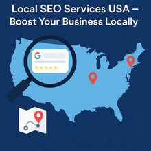 Load image into Gallery viewer, Illustration showing Local SEO Services in the USA with a magnifying glass over a map, highlighting business locations and a Google review.

